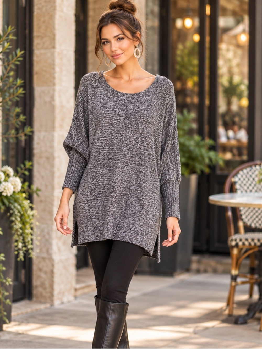 Jones New York Signature Woman 1X Gray Marled Dolman Sleeve Sweater Tunic